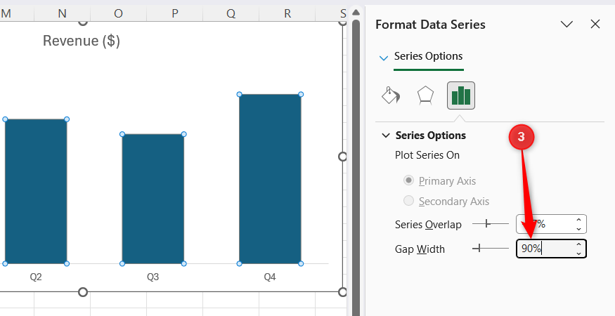 The Gap Width text box value is updated to 90 percent inside the Excel Format Data Series sidebar.