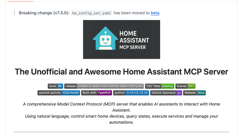 The GitHub page of the Unofficial and Awesome Home Assistant MCP Server.