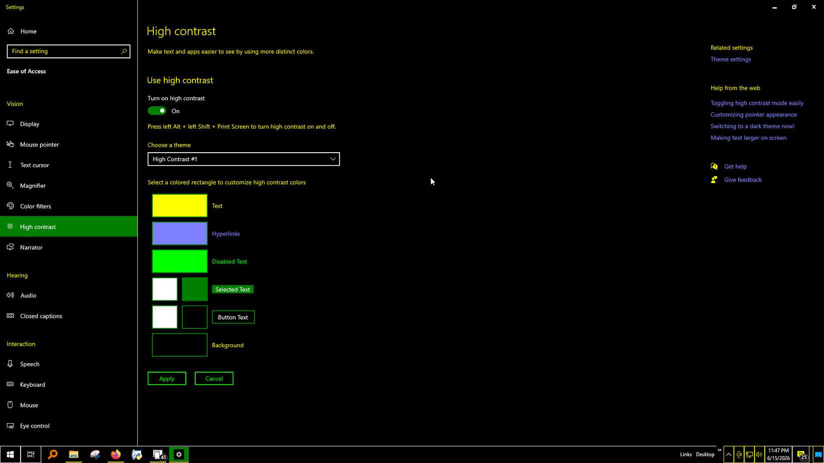 The HIgh Contrast Mode Theme on Windows