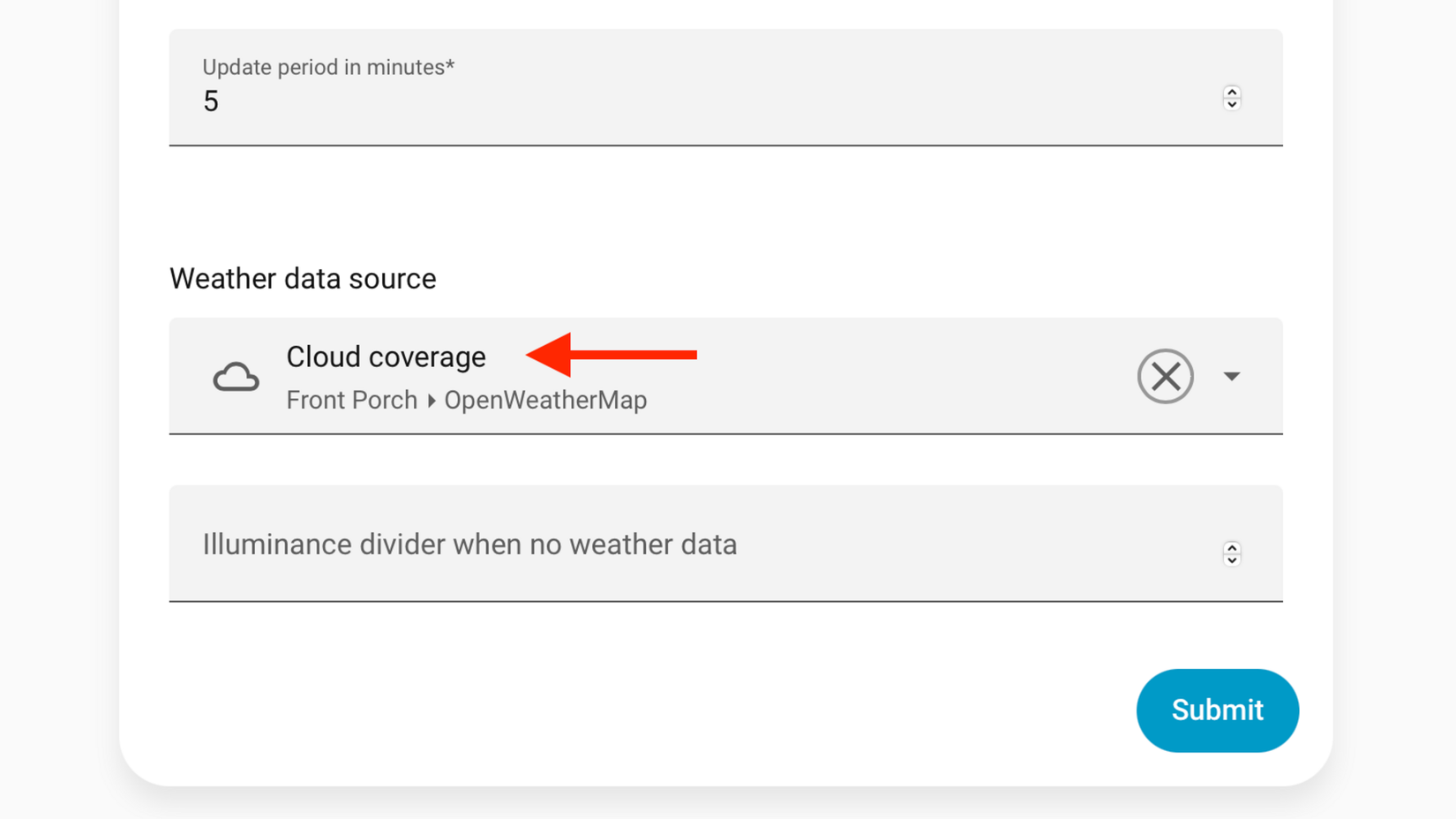 The Home Assistant Illuminance Options dialog showing the Weather data source field with an arrow pointing to Cloud coverage from Front Porch OpenWeatherMap.