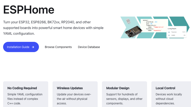 The home page of the ESPHome website.