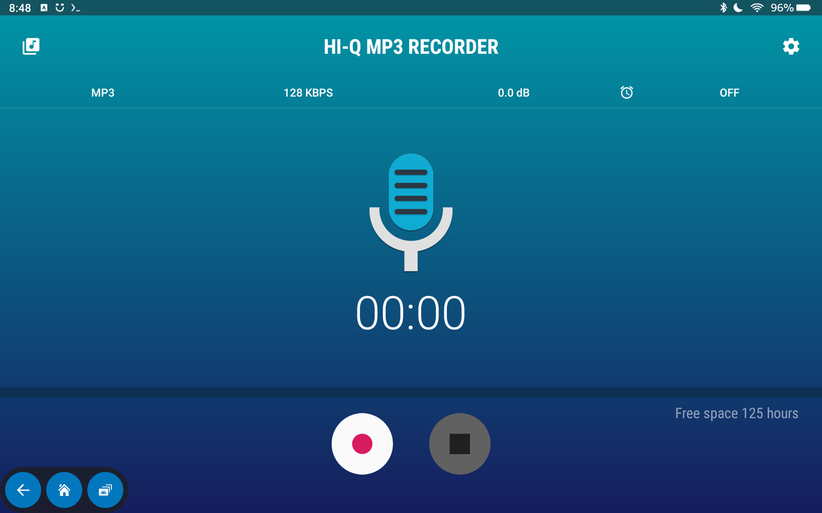 The main screen of the Hi Q MP3 recorder running on a Fire tablet.