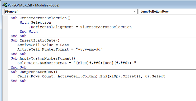 The PERSONAL.XLSB module window in Excel, with four macros entered, separated by a horizontal rule.