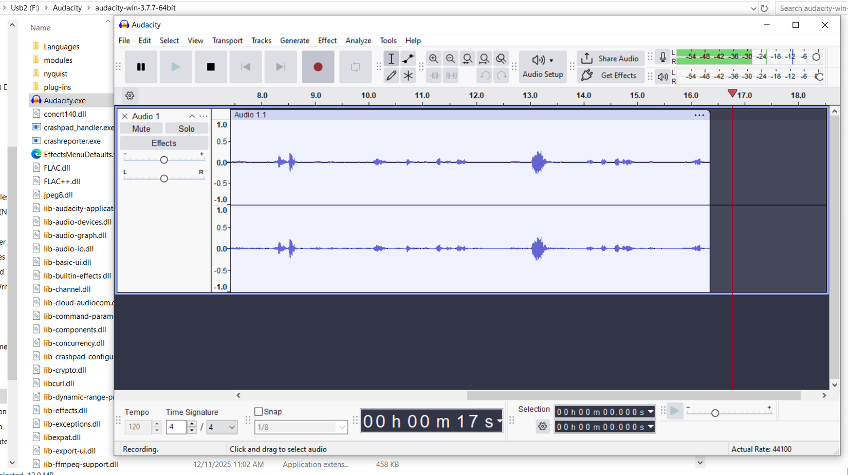 The portable version of Audacity running from a USB drive.