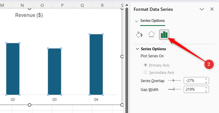 The Series Options tab is selected within the Format Data Series side pane of an Excel window.