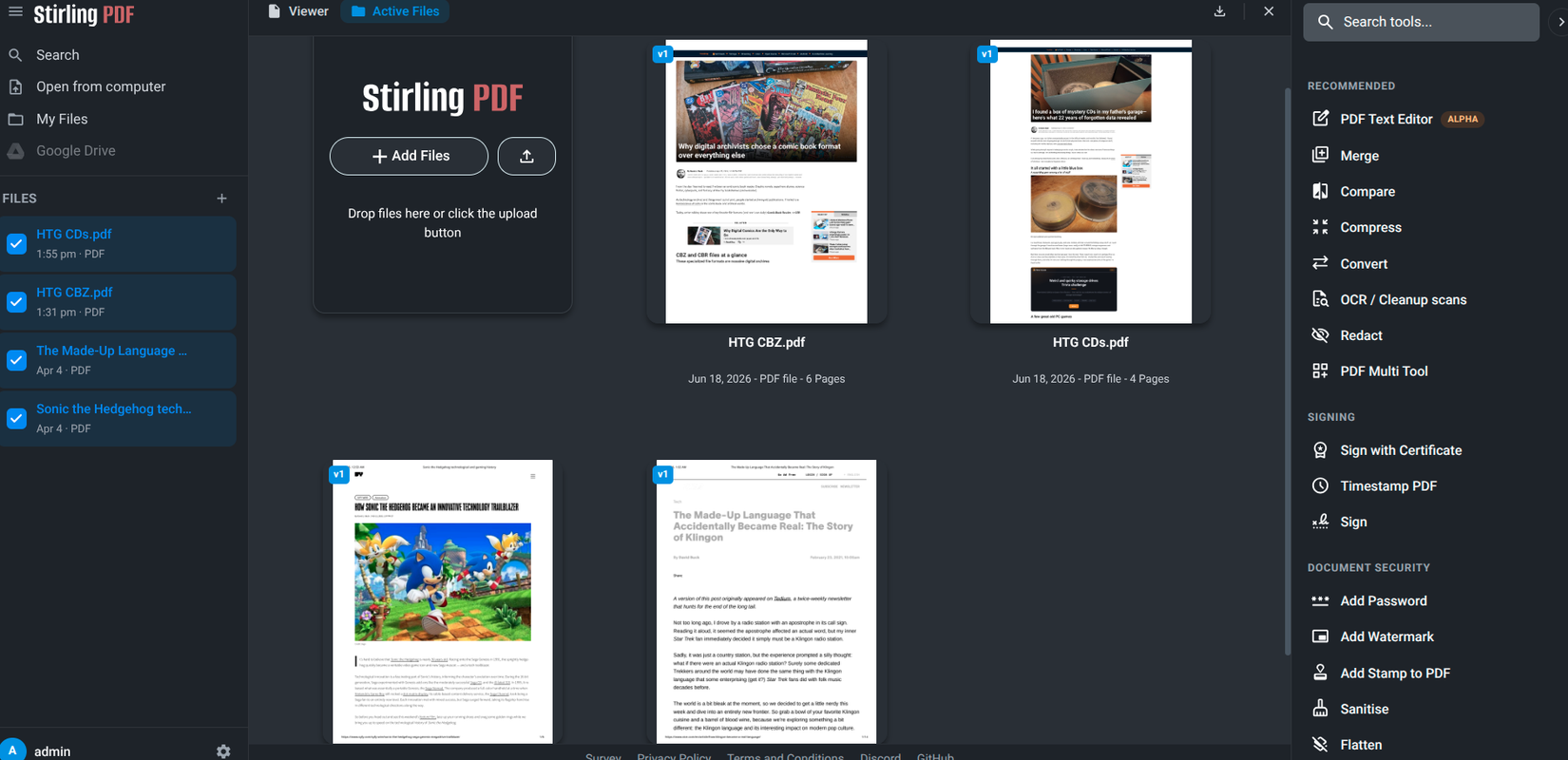 The Stirling PDF main page showing several of the authors previous work as PDF files.