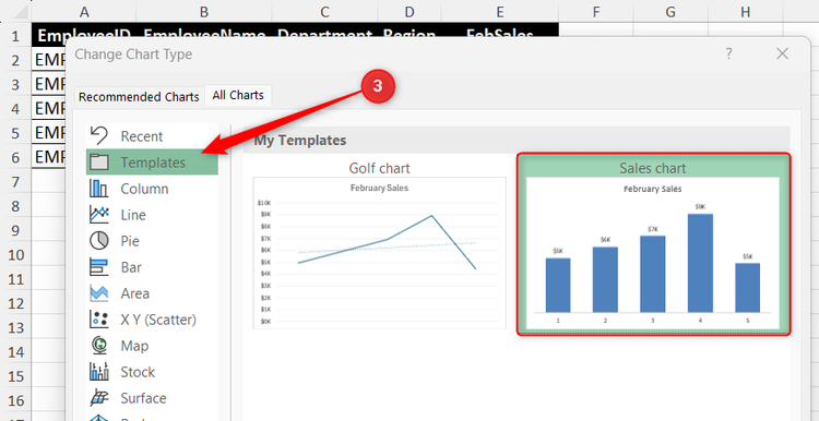 The Templates folder is opened within Excel's Change Chart Type dialog box to select a saved layout preset.
