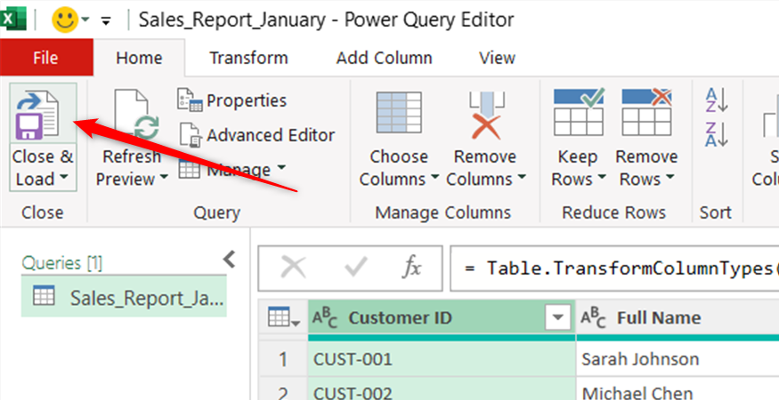 The top half of the Close and Load button in Excel's Power Query Editor is selected to load a sales report back to the Excel grid.