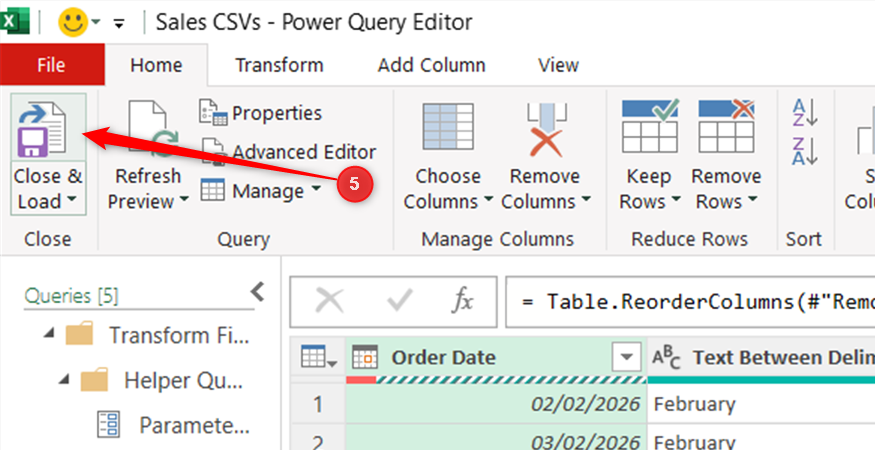 The top half of the split Close and Load button in Excel's Power Query Editor is selected to load a combined sales report back to the Excel grid.