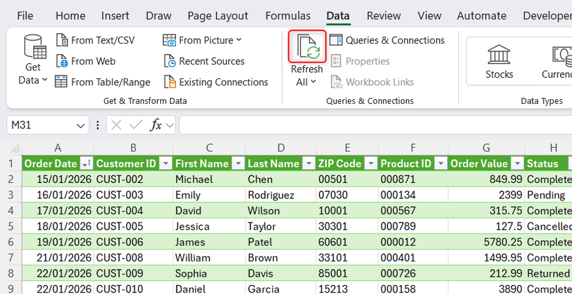 The top half of the split Refresh All button in Excel's Data tab is selected.