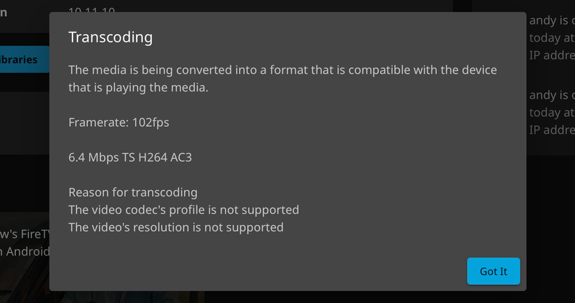 The transcoding note in Jellyfin.