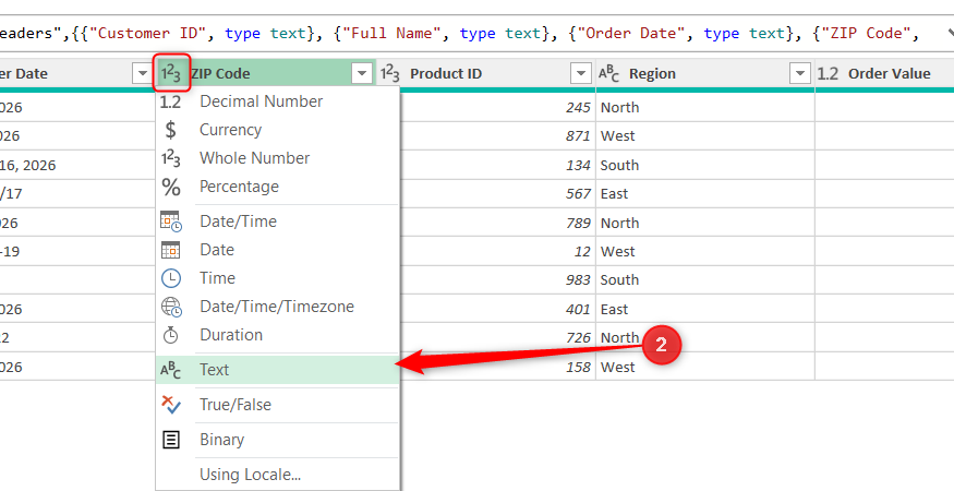 The ZIP Code column in Power Query Editor is changed to Text.