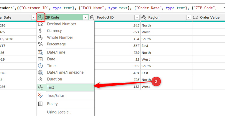 The ZIP Code column in Power Query Editor is changed to Text.
