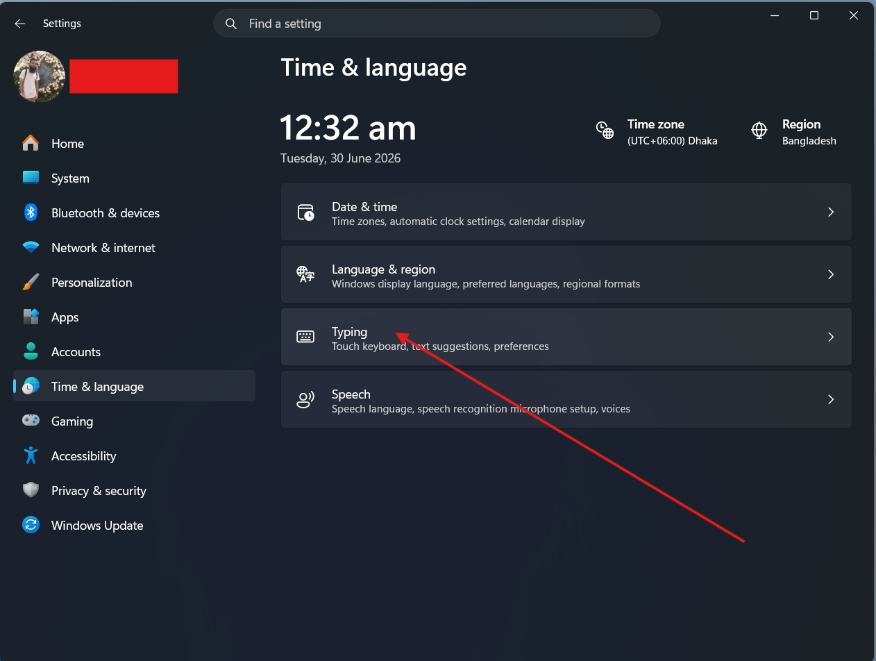 Time & language settings opened with Typing settings pointed at.
