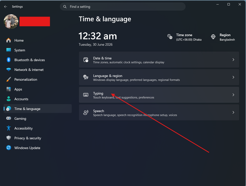 Time & language settings opened with Typing settings pointed at.