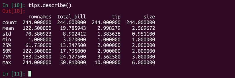 Descriptive stats on the tips dataset using pandas with Python in IPython.