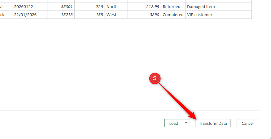 Transform Data is selected in the Excel import workflow.