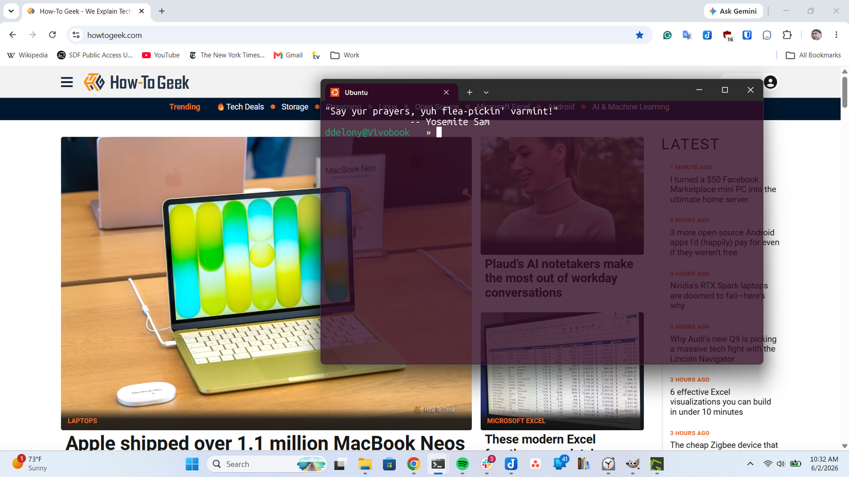 Transparent WSL terminal over a browser showing the HTG home page.