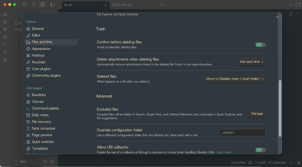 The .trash folder keeps deleted notes inside your vault for easy recovery