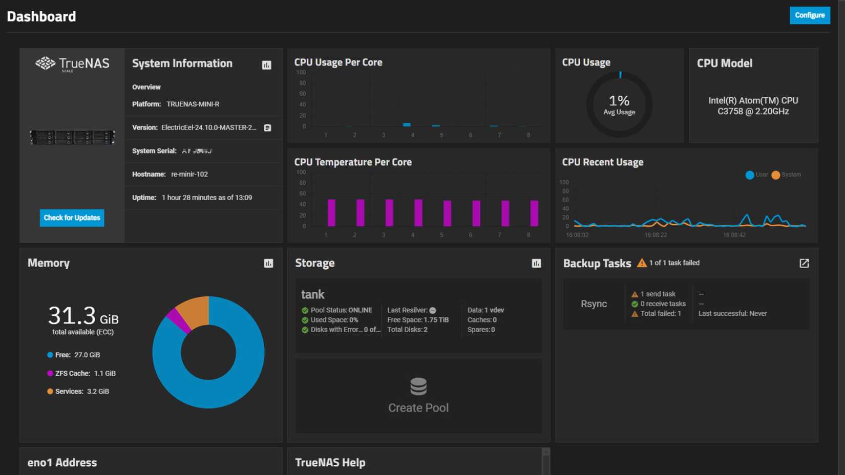 TrueNAS Core dashboard showing system memory and storage widgets