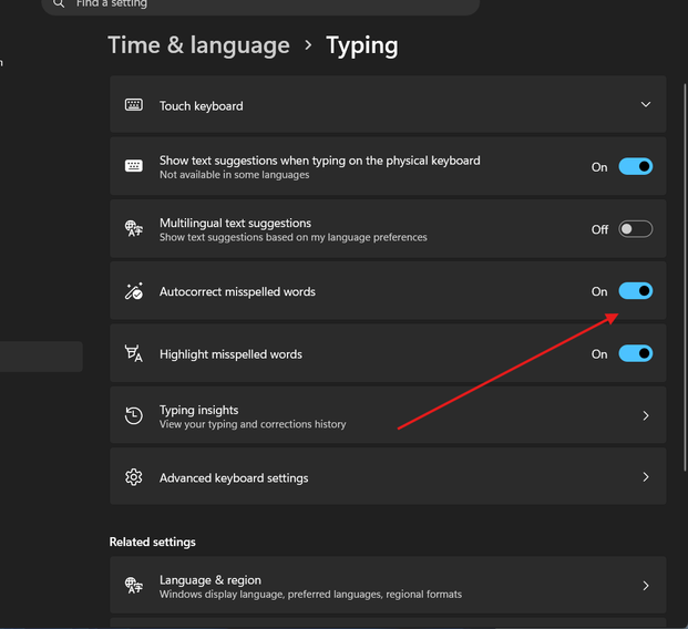 Turning on Autocorrect misspelled words setting on Windows 11.
