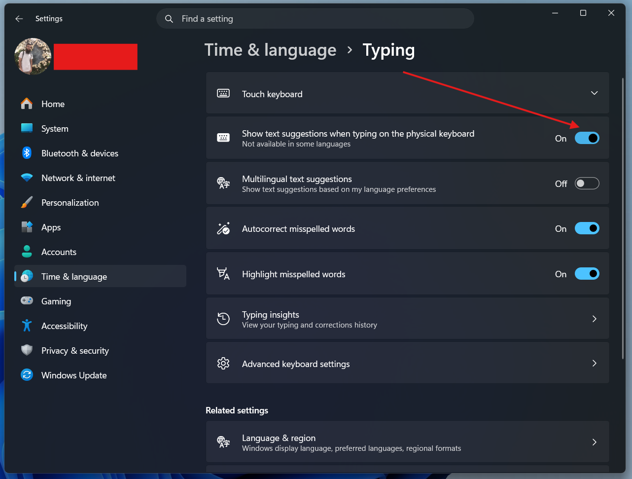 Turning on predictive text settings in Windows 11.
