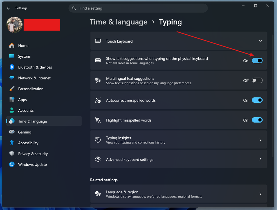 Turning on predictive text settings in Windows 11.