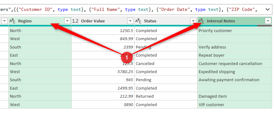 Two columns are selected in Excel's Power Query Editor.