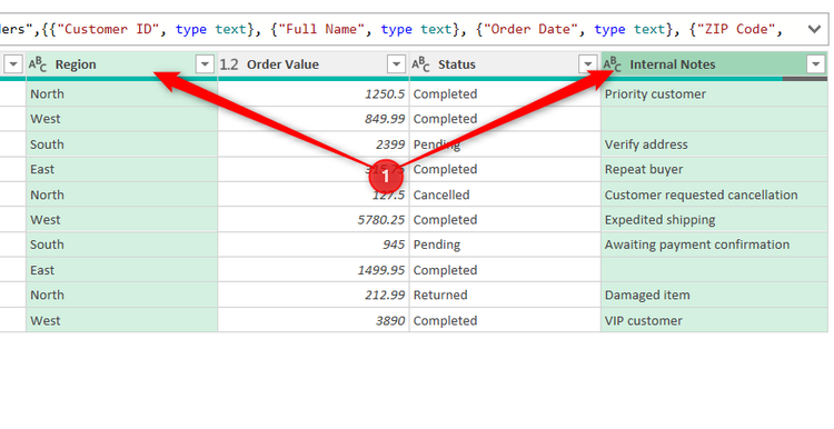 Two columns are selected in Excel's Power Query Editor.