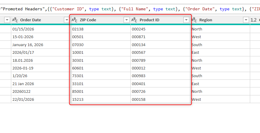 Two columns in Power Query Editor have their leading zeros preserved due to them being converted to text.