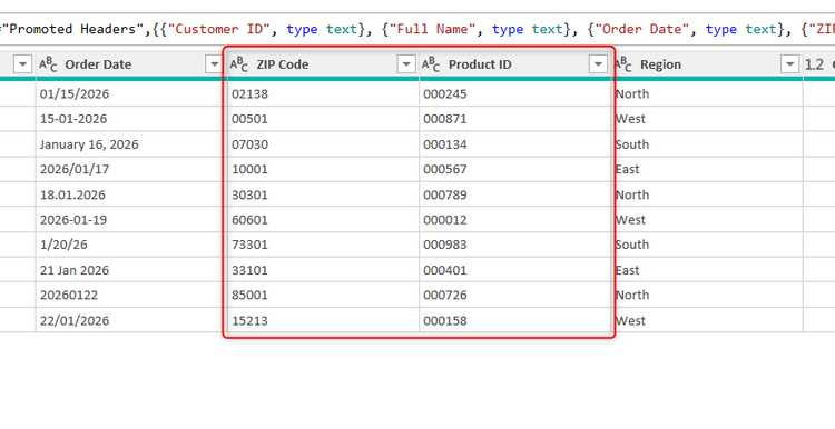 Two columns in Power Query Editor have their leading zeros preserved due to them being converted to text.
