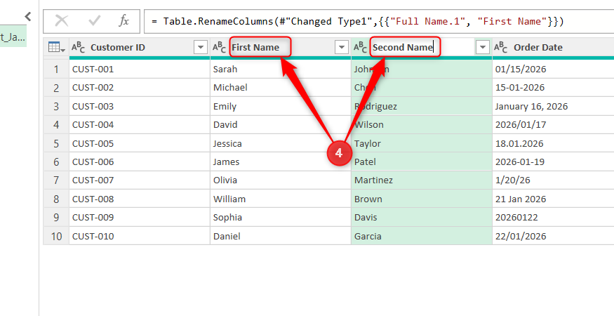 Two columns, which are created in Power Query Editor by splitting a name column, are renamed First Name and Second Name.