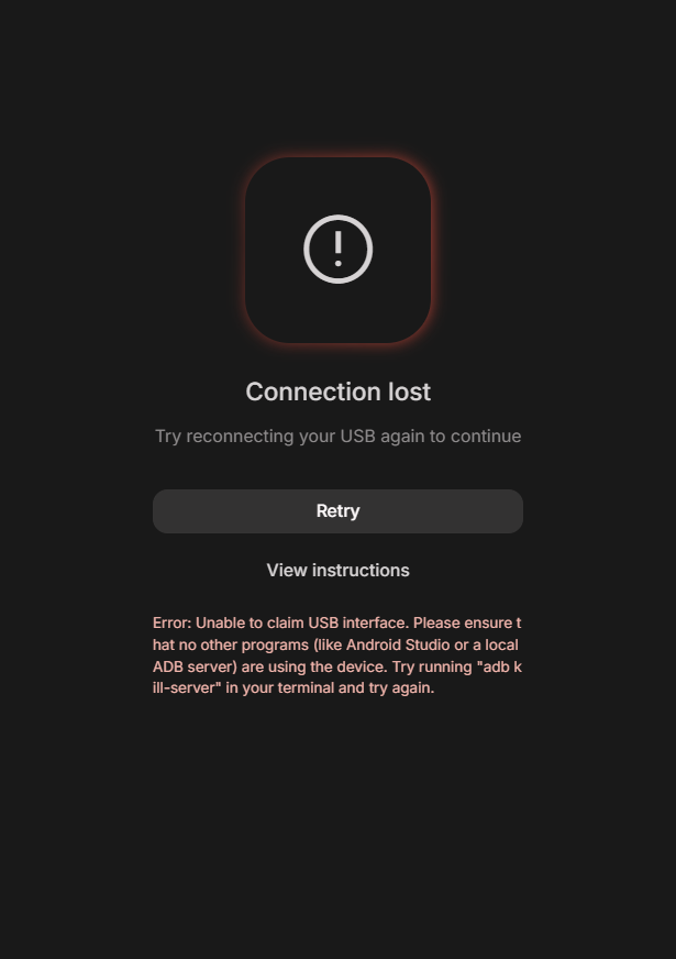 Unable to claim USB issue when trying to install the Android app on a real device from Google AI Studio.