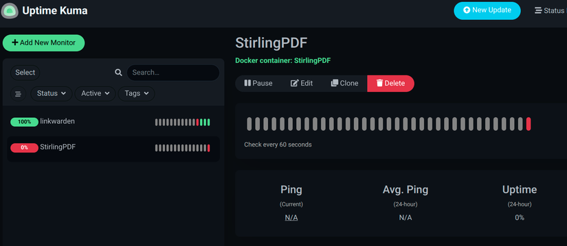 Uptime Kuma showing one docker container up and one down in the dashboard.