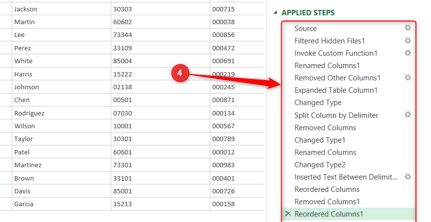 Various steps are seen in the Applied Steps pane in the Power Query Editor.