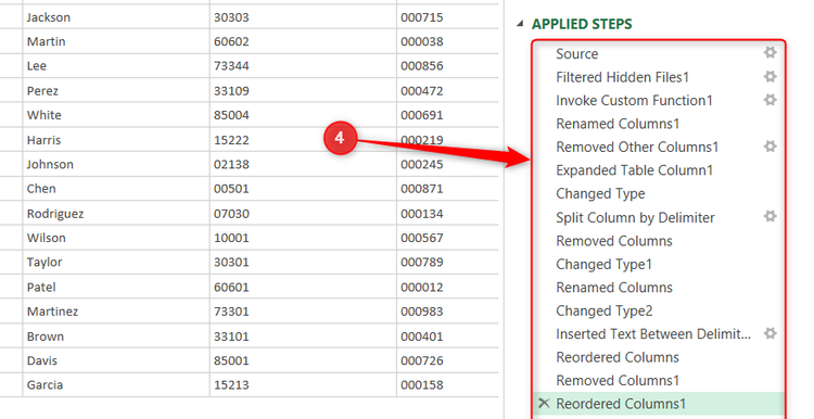 Various steps are seen in the Applied Steps pane in the Power Query Editor.