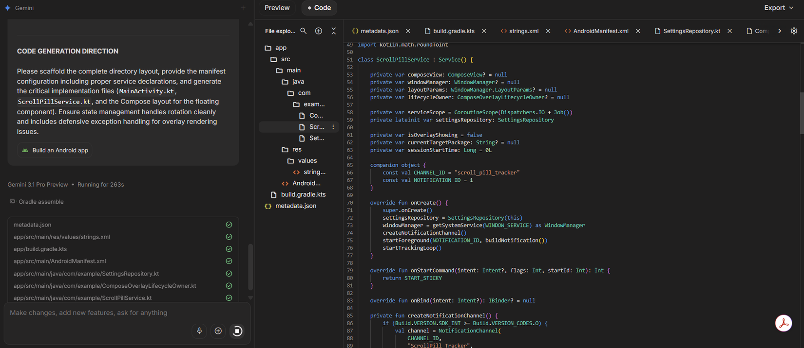 Viewing the code for your Android app in Google AI Studio.