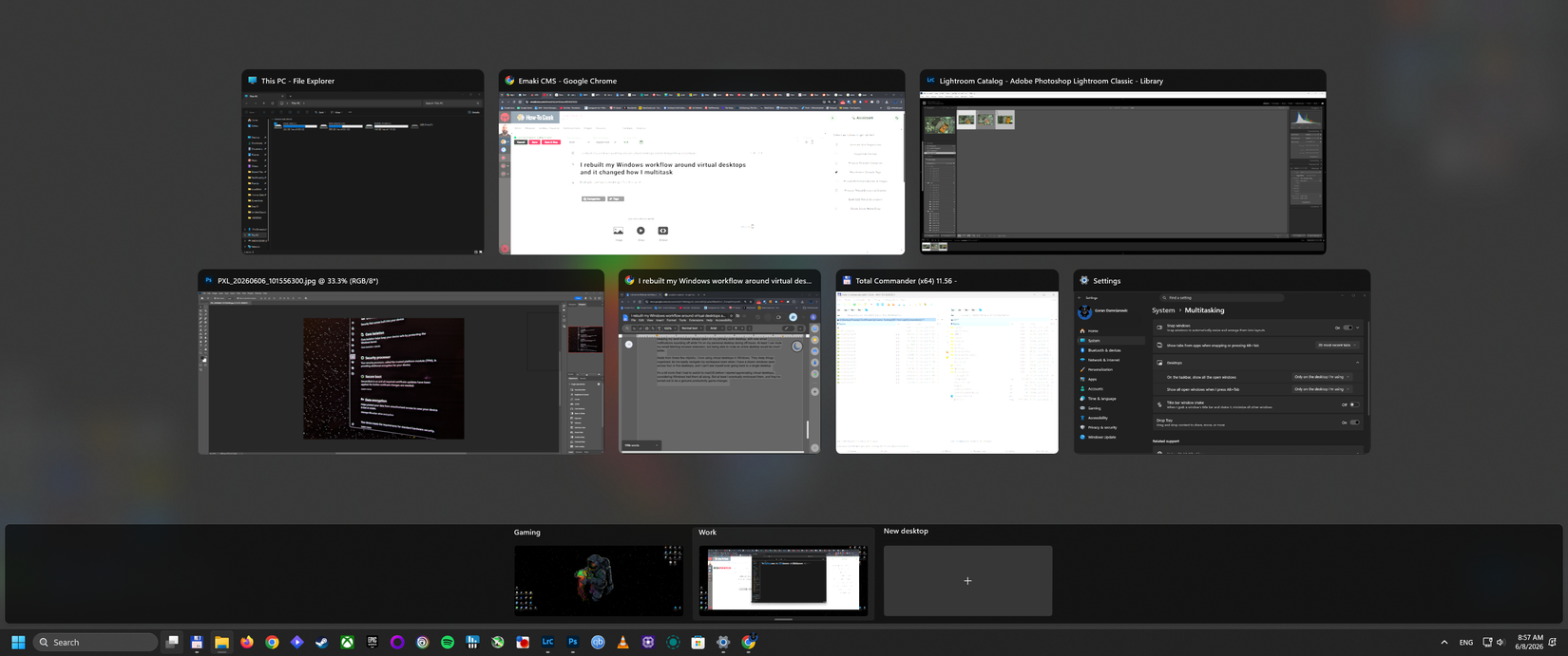 Task View showing two virtual desktops and a handful of opened app windows. 