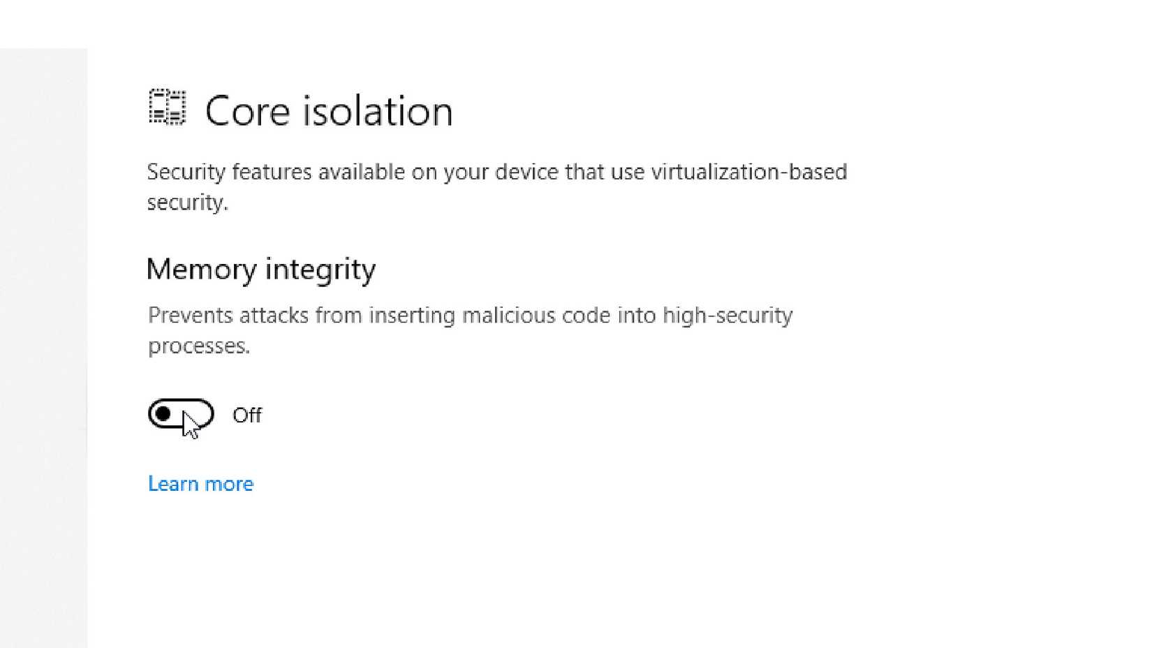 Virtualization-Based Security Core Isolation turned off