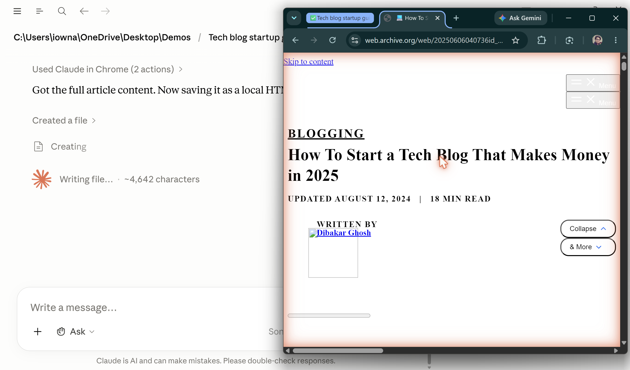 Wayback Machine archived version of How To Start a Tech Blog That Makes Money in 2025 open in browser tab alongside Claude.