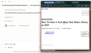 Wayback Machine archived version of How To Start a Tech Blog That Makes Money in 2025 open in browser tab alongside Claude.