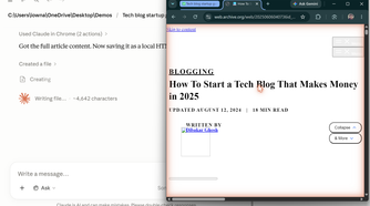 Wayback Machine archived version of How To Start a Tech Blog That Makes Money in 2025 open in browser tab alongside Claude.
