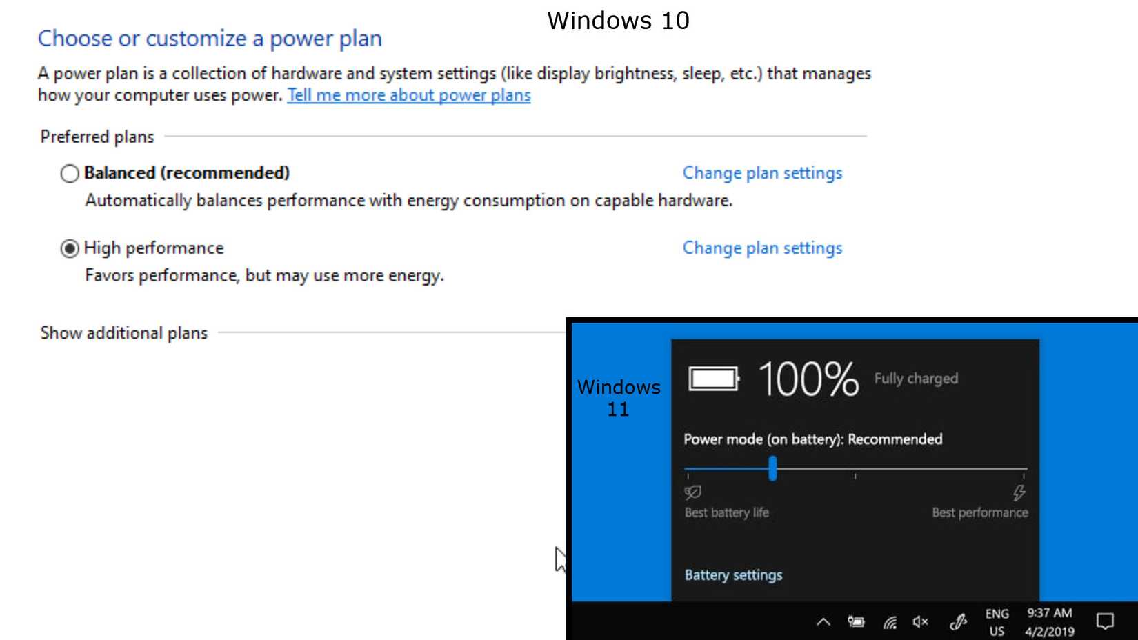 Windows 10 and 11 showing battery settings