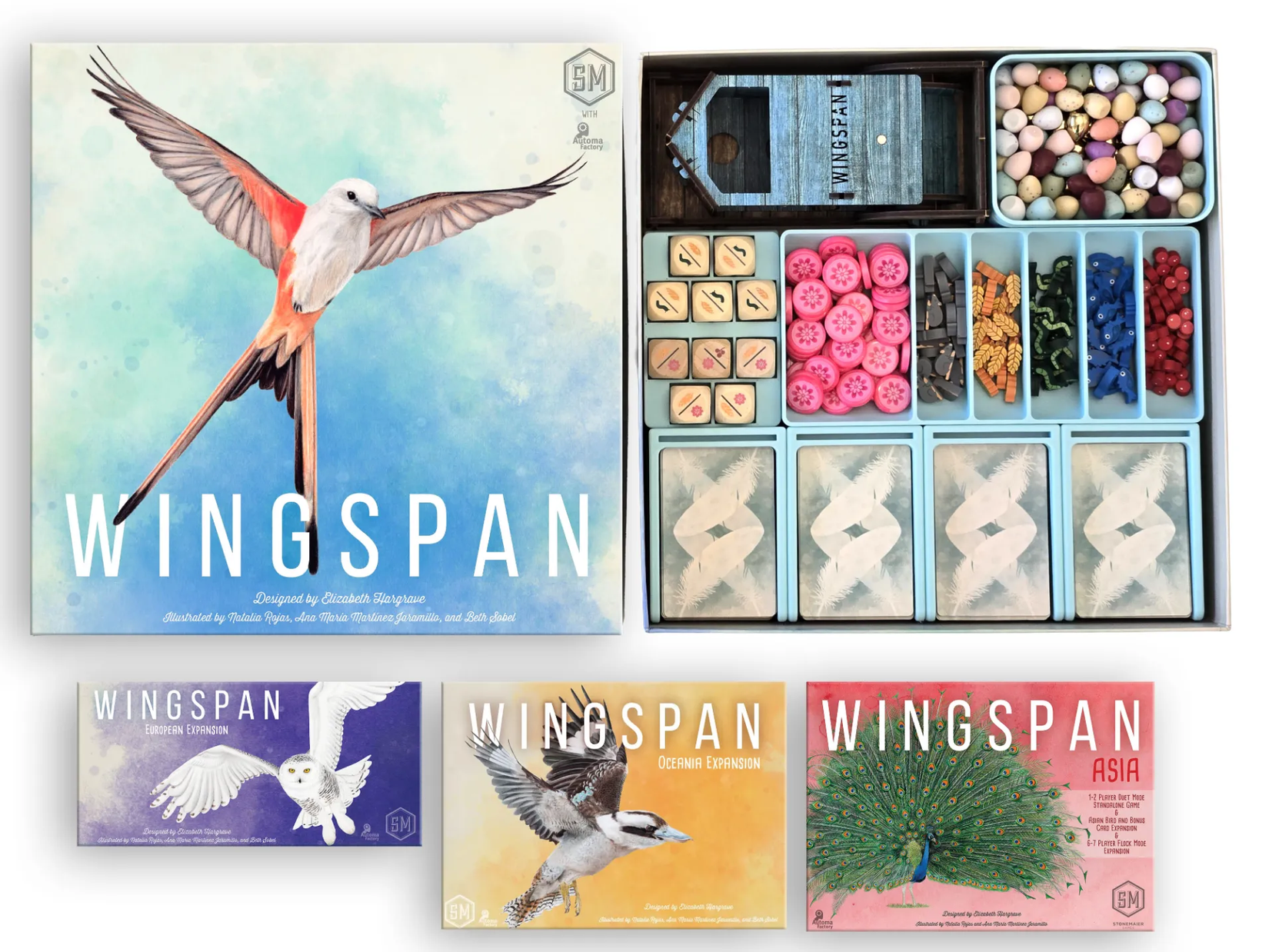 WingSpan board game with expansions showing 3D printed organizer inserts.
