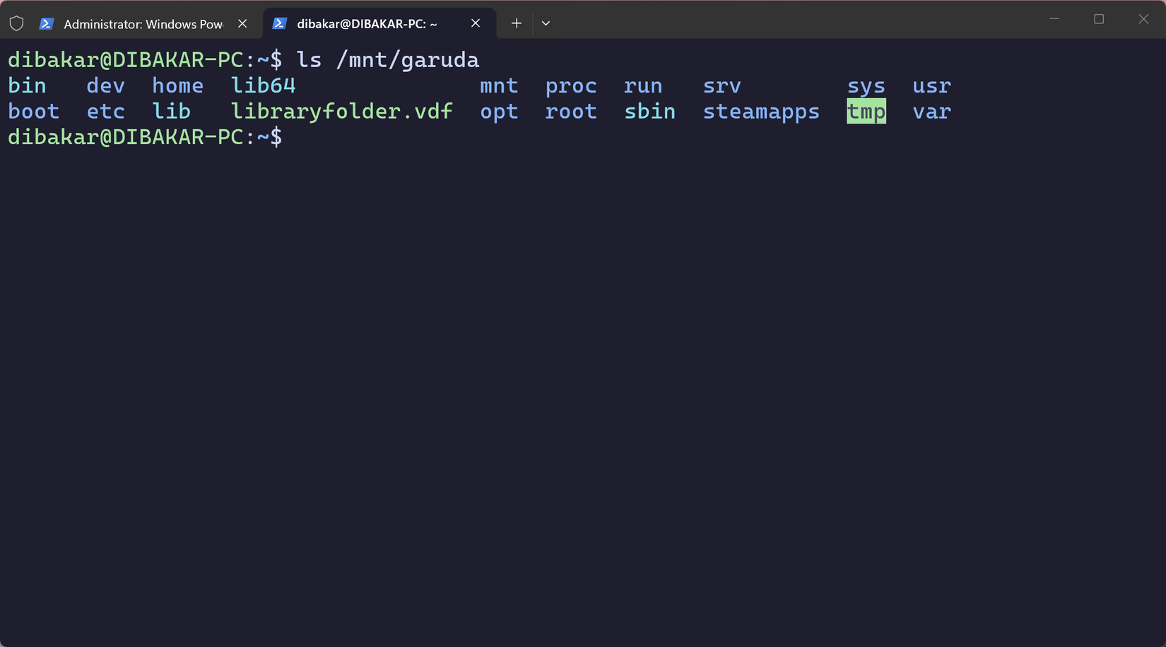 WSL terminal showing ls mnt-garuda listing the root filesystem contents of the mounted Garuda Linux partition.