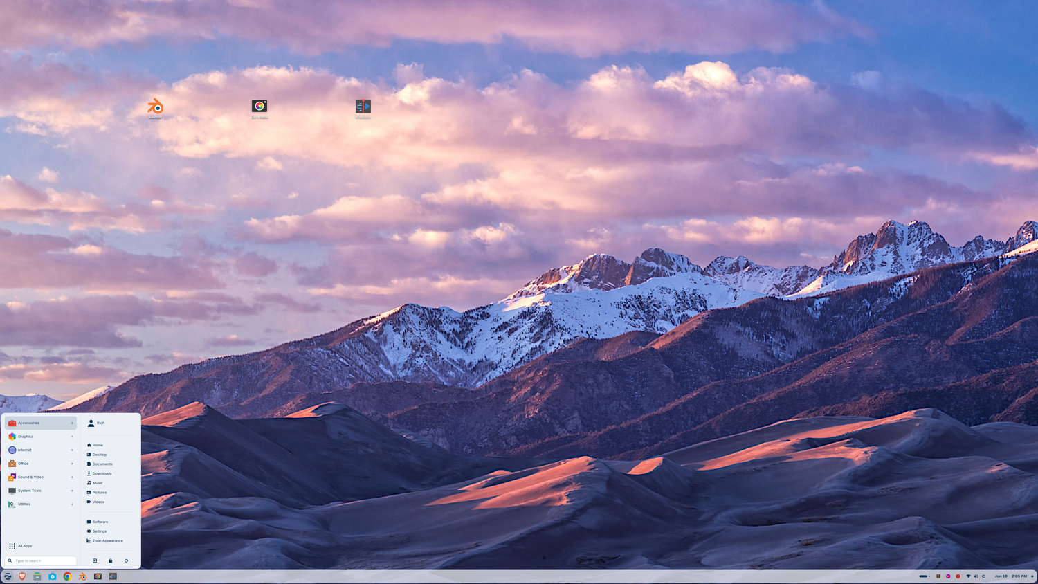 A screenshot of the Zorin OS home page with the Windows 7-like start menu open.
