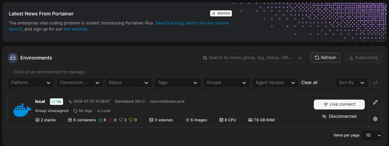 The Portainer main page via localhost.