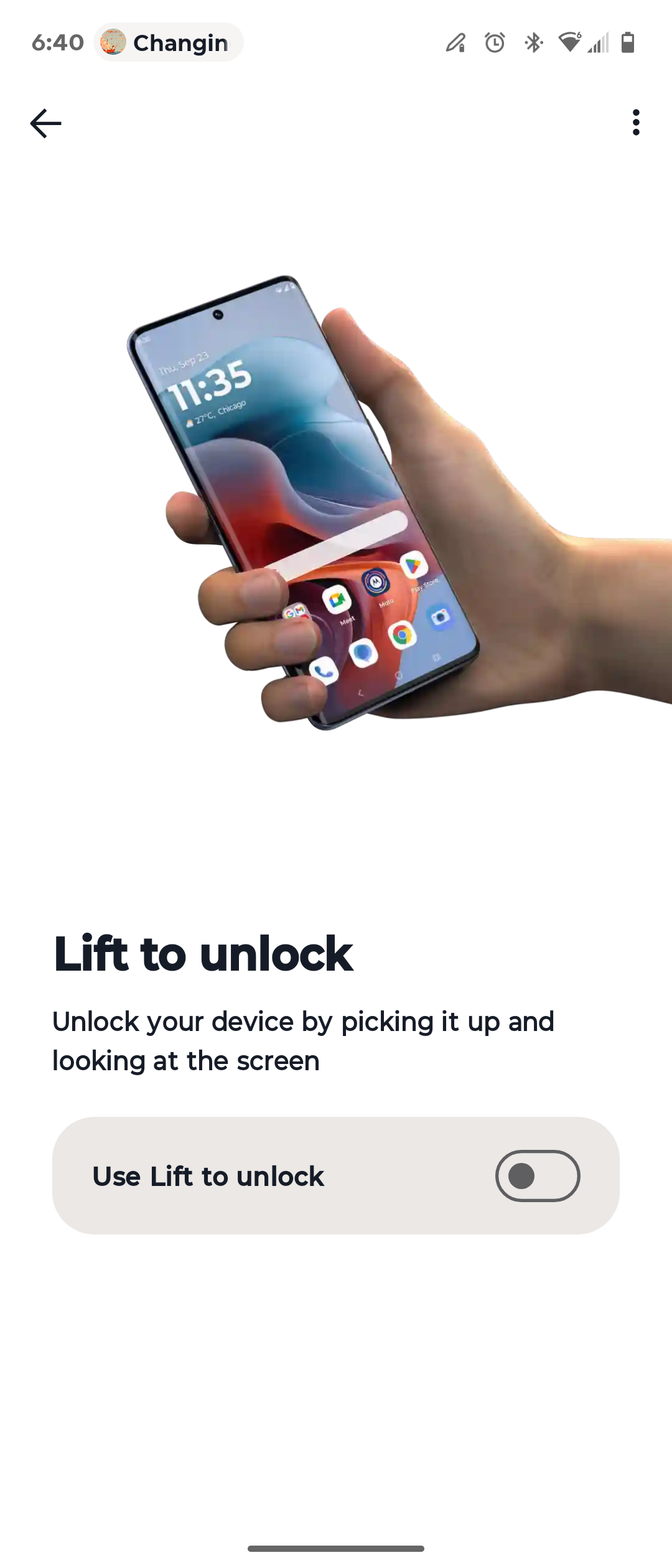 The Lift to Unlock gesture on a Motorola phone.