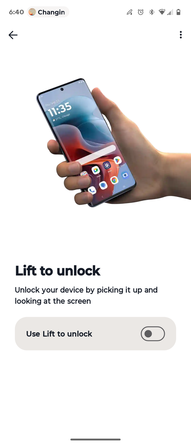 The Lift to Unlock gesture on a Motorola phone.