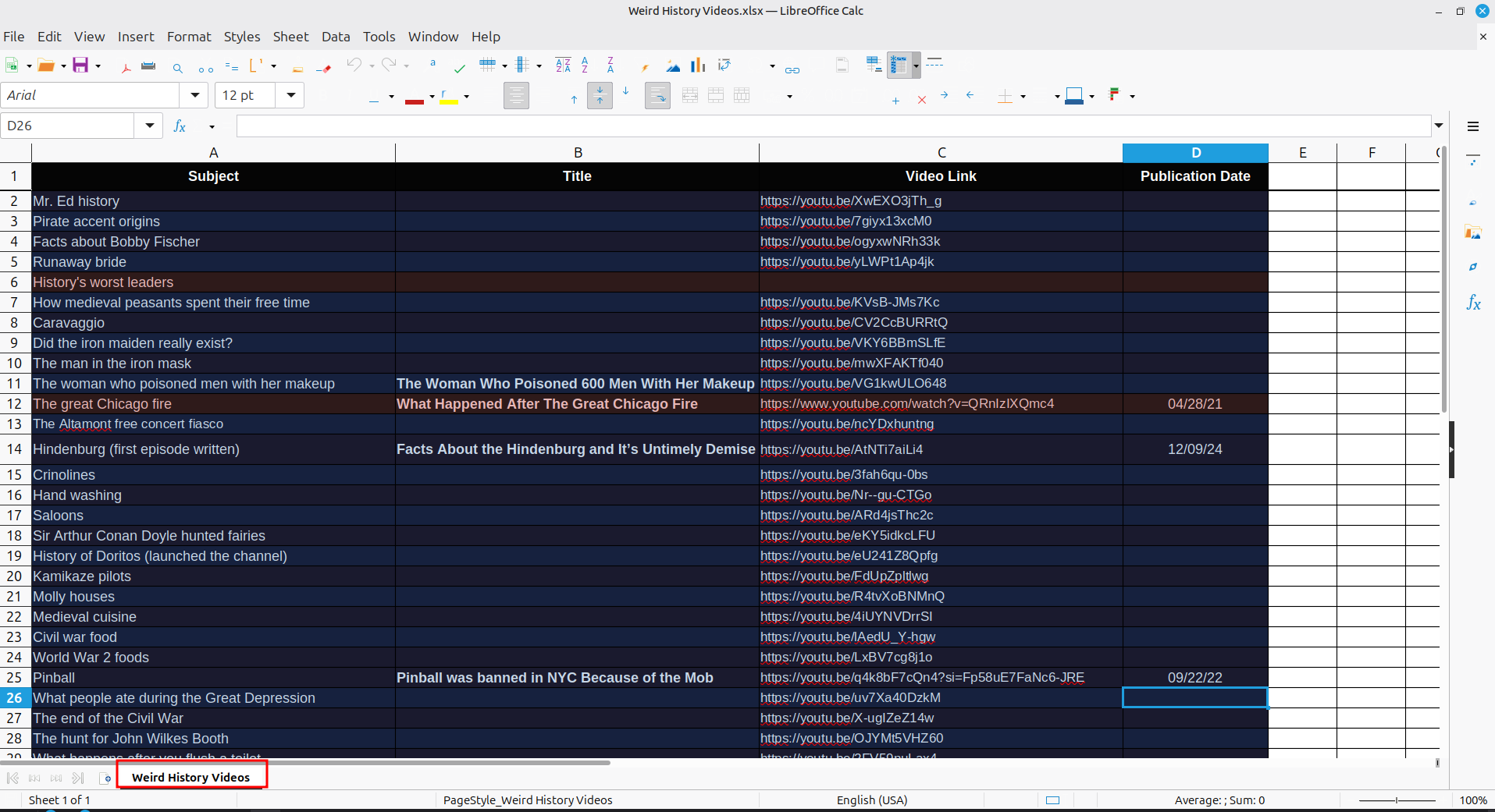 Showcasing LibreOffice Calc with a colorful spreadsheet containing script information.